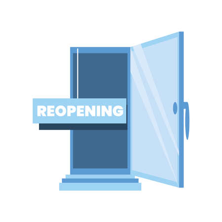 reopening banner in front of door detailed style icon design of shopping and covid 19 virus theme Vector illustrationのイラスト素材