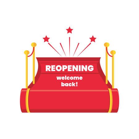 reopening welcome back on red carpet detailed style icon design of shopping and covid 19 virus theme illustrationのイラスト素材