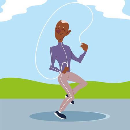 old man jumps rope exercise in the park, active senior vector illustration designのイラスト素材