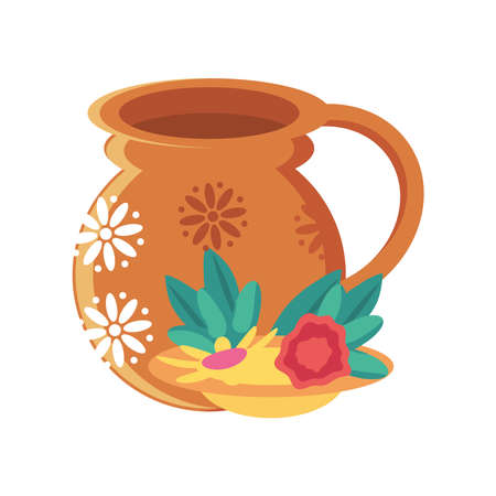Mexican jar with flowers detailed style icon design, Mexico culture theme Vector illustrationのイラスト素材