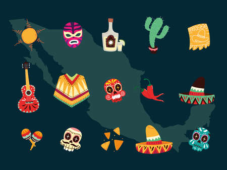 set of mexican symbols, mexican celebration icons vector illustration designのイラスト素材