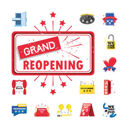reopening detailed style icons group design of shopping and covid 19 virus theme Vector illustrationのイラスト素材