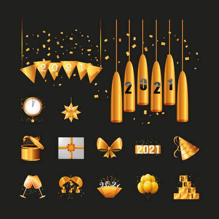 2021 happy new year detailed style symbols set design, Welcome celebrate and greeting theme Vector illustrationのイラスト素材
