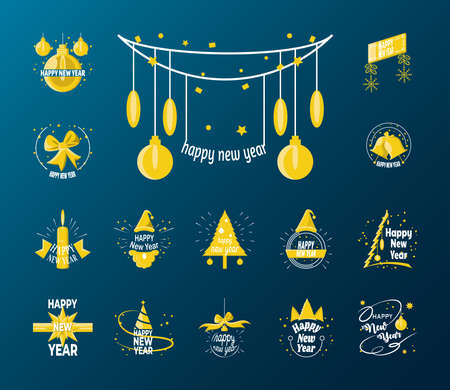 Happy new year detailed style icons bundle design, Welcome celebrate and greeting theme Vector illustrationのイラスト素材