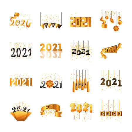 2021 happy new year detailed style collection of icons design, Welcome celebrate and greeting theme Vector illustrationのイラスト素材
