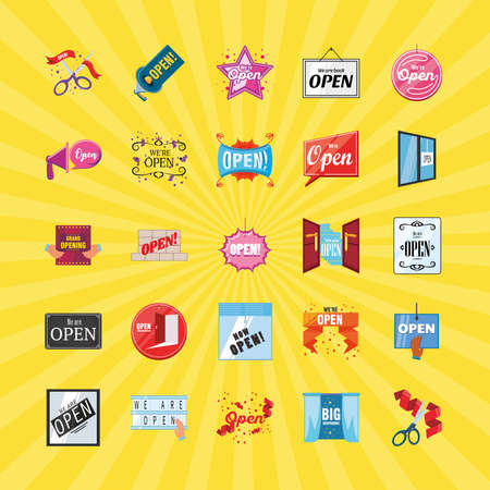 we are open detailed style icons group design of shopping and covid 19 virus theme Vector illustrationのイラスト素材