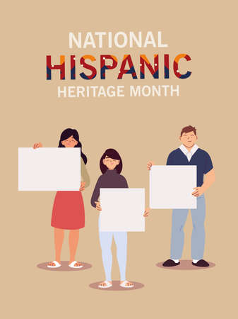 national hispanic heritage month with latin women and man cartoons with banners design, culture and diversity theme Vector illustrationのイラスト素材