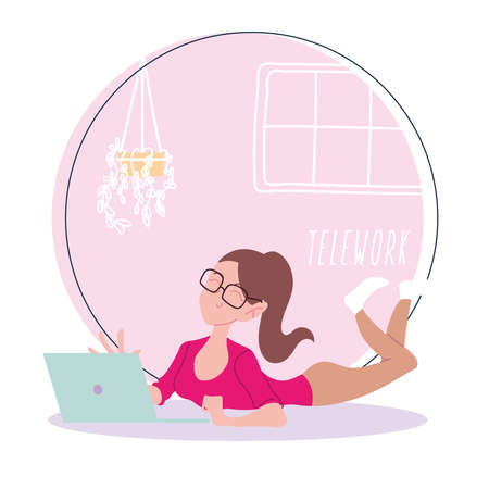 woman working remotely from her home, telework vector illustration designのイラスト素材