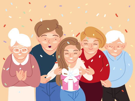 girl with parents and grandparents cartoons opening gift design, happy birthday celebration...