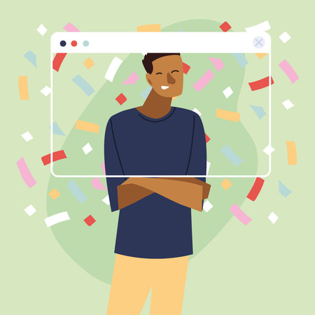 virtual party with black man cartoon and confetti in screen design, Happy birthday and video chat...