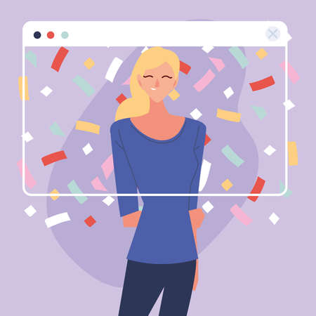 virtual party with blond woman cartoon and confetti in screen design, Happy birthday and video chat theme Vector illustrationのイラスト素材