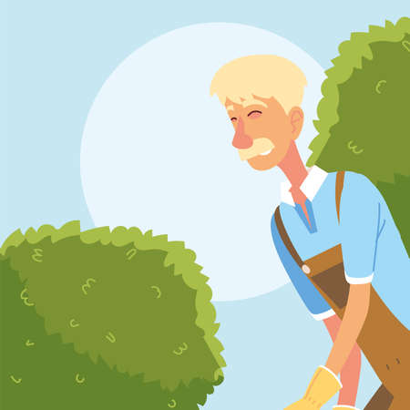 gardener man cartoon with overall and shrubs design, Gardening garden planting and nature theme Vector illustrationのイラスト素材