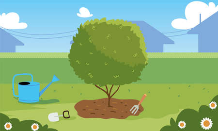 house garden with tree and watering can design, Gardening planting and nature theme Vector illustrationのイラスト素材