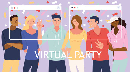 virtual party with men women cartoons and confetti in screens design, Happy birthday and video chat...