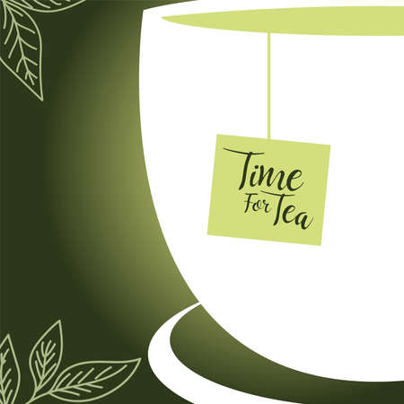 Time for tea with bag inside cup and leaves design, drink breakfast beverage hot porcelain ceramic english and invitation theme Vector illustrationのイラスト素材