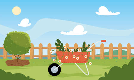house garden with wheelbarrow and tree design, Gardening planting and nature theme Vector illustrationのイラスト素材