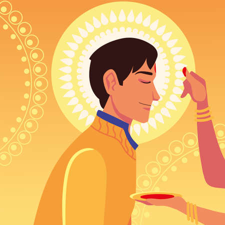happy bhai dooj with indian man cartoon with female hand touching his forehead design, Festival and celebration theme Vector illustrationのイラスト素材