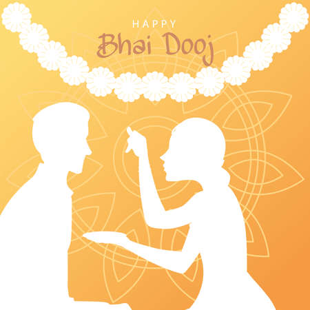 happy bhai dooj with indian woman and man silhouette with flowers design, Festival and celebration theme Vector illustrationのイラスト素材