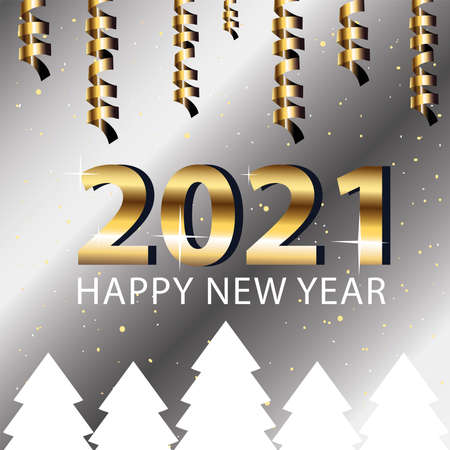 2021 Happy new year with pine trees silver style design, Welcome celebrate and greeting theme Vector illustrationのイラスト素材