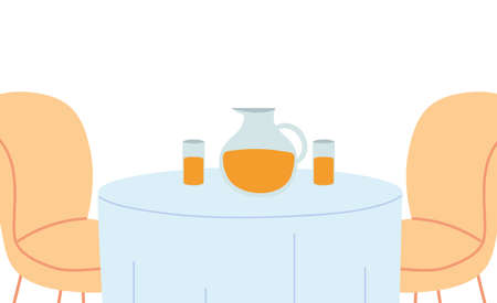 restaurant table with tablecloth, two chairs and jug of juice vector illustration designのイラスト素材