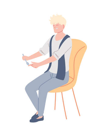 young man with cute hair sitting on a chair vector illustration designのイラスト素材