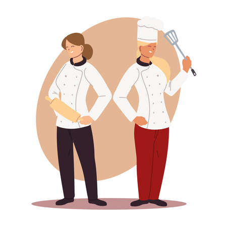 women chefs professional with uniform and kitchen utensils vector illustration designのイラスト素材