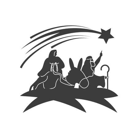 nativity, joseph with mary on donkey pointing star in the sky, traditional celebration religious vector illustration silhouetteのイラスト素材