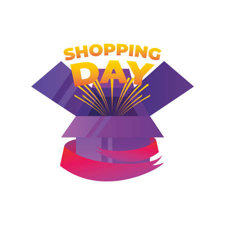 shopping day letteirng coming out gift box and ribbon vector illustration detailedのイラスト素材