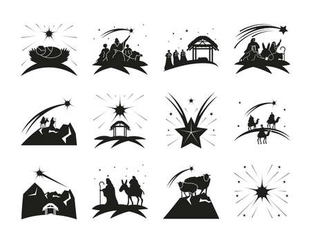 nativity, traditional celebration religious catholicism collection icons vector illustrationのイラスト素材