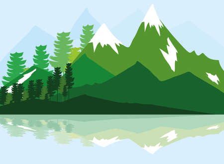landscape forest peaks snowy rocks and beautiful reflection vector illustrationのイラスト素材