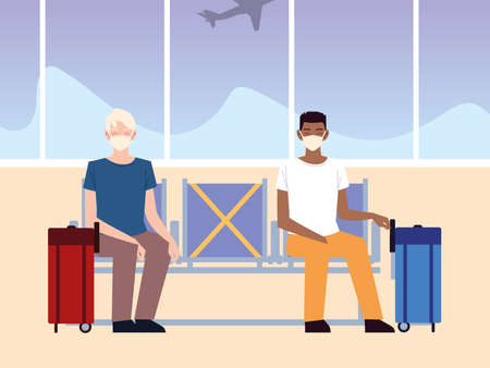 airport new normal, passenger wearing face masks and waiting for flight vector illustrationのイラスト素材