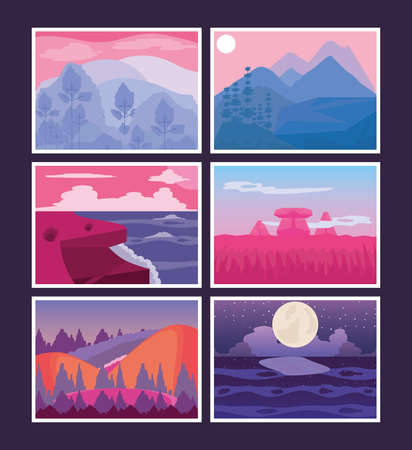 landscapes sunset night rocky ocean anture collection icons vector illustrationのイラスト素材