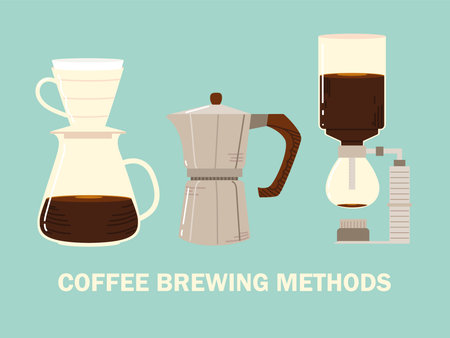 coffee brewing methods, syphon moka pot and drip coffee vector illustrationのイラスト素材