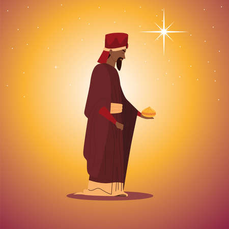 nativity, Balthazar wise king character manger with gift for birth of Christ vector illustrationのイラスト素材