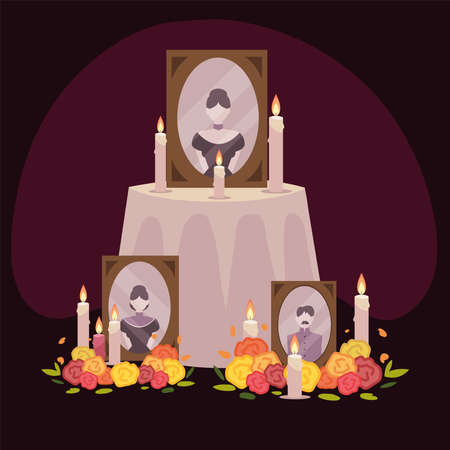 day of the dead, altar with frame photos flowers and candles mexican celebration vector illustrationのイラスト素材