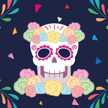day of the dead, sugar skull with flowers and confetti decoration mexican celebration vector illustrationのイラスト素材