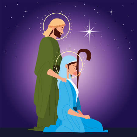 nativity, joseph and mary, shining star on purple background vector illustrationのイラスト素材