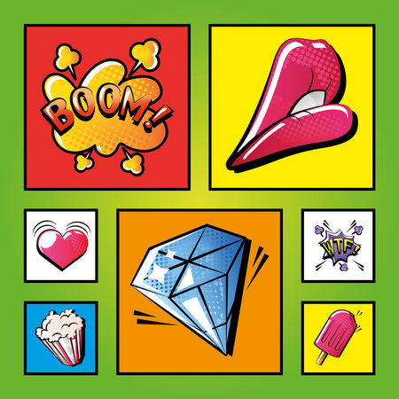 set of icons pop art style on green background vector illustration design