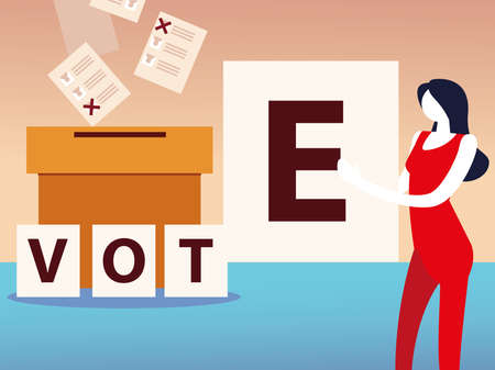 election day, woman with vote word and box with ballots vector illustrationのイラスト素材