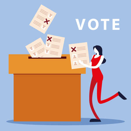 Illustration pour election day, woman with ballot and ballots in cardboard box vector illustration - image libre de droit