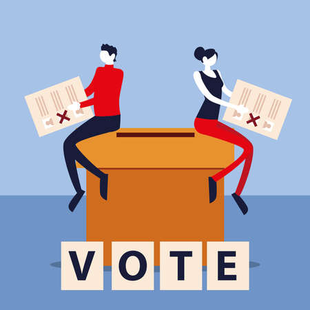 election day, man and woman with ballots sitting on box voting vector illustrationのイラスト素材