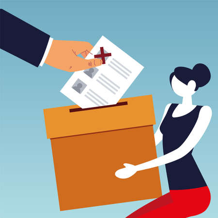 election day, woman holding box and hand with ballot vector illustrationのイラスト素材