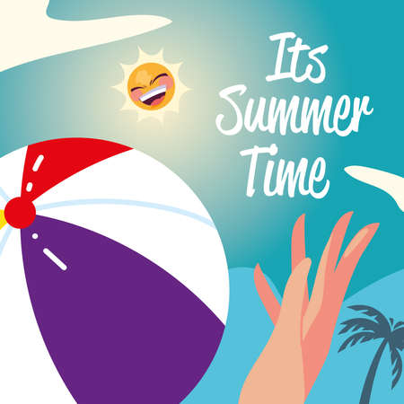 summer vacation travel, hand with beach ball and palm vector illustration detailedのイラスト素材
