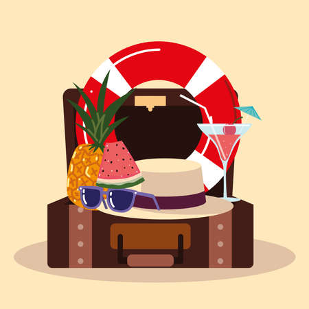summer vacation travel, suitcase float fruits sunglasses and cocktail vector illustration detailedのイラスト素材