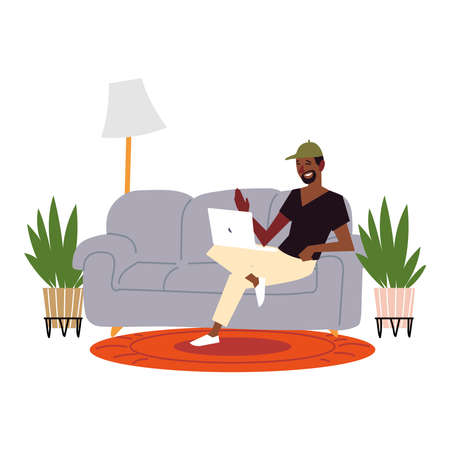 afro american man with laptop on sofa living room, indoor activities vector illustrationのイラスト素材