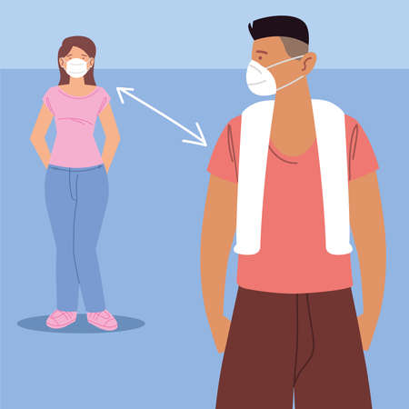 social distancing, man and woman character wearing surgical, during coronavirus covid 19 vector illustrationのイラスト素材