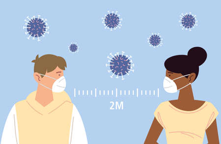 social distancing, portrait man and woman with mask, during coronavirus covid 19 vector illustrationのイラスト素材