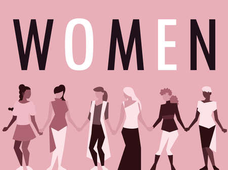 group stand together near the big letters of the word women vector illustrationのイラスト素材