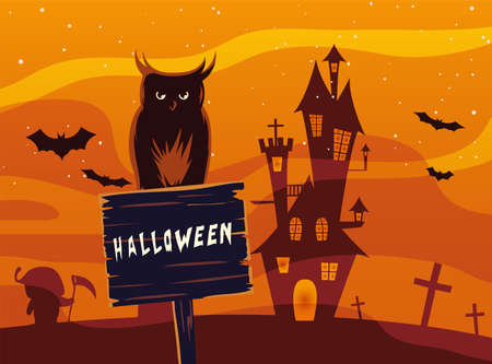 Halloween owl cartoon on wood banner in front of castle design, Holiday and scary theme Vector illustrationのイラスト素材