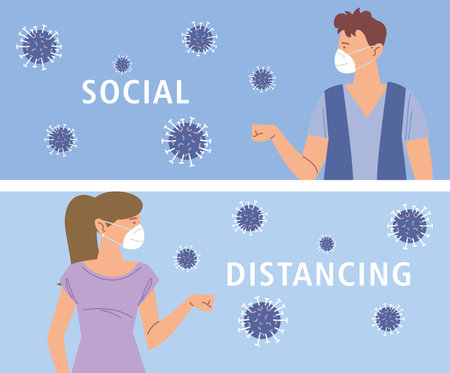 social distancing, new normal greeting gestures between people, during coronavirus covid 19 vector illustrationのイラスト素材